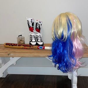 Harley Quinn Bat, Boots, Wig & Spiked Bracelets
